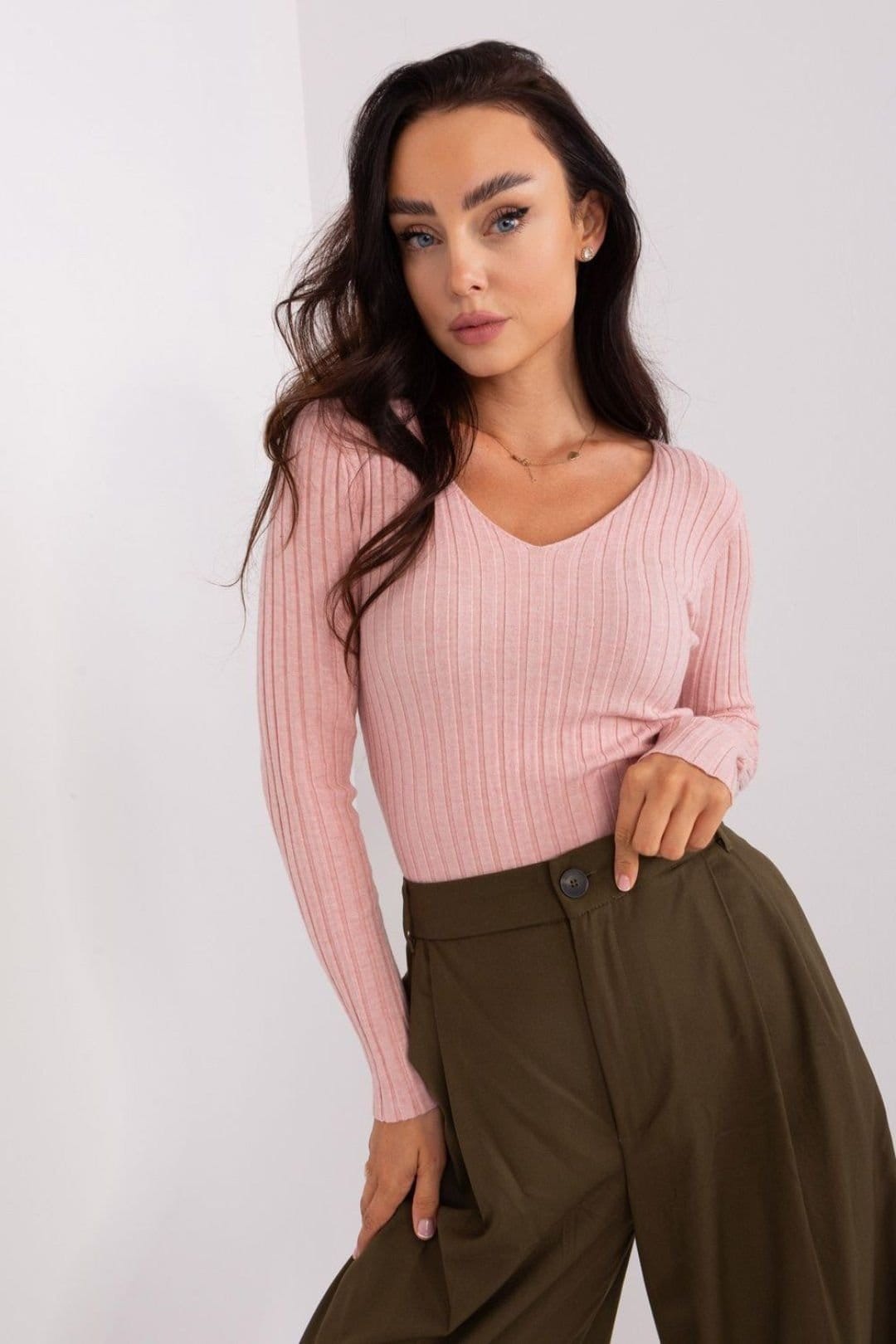 Love Lace Pink Ribbed V Neck Long Sleeve Viscose Sweater