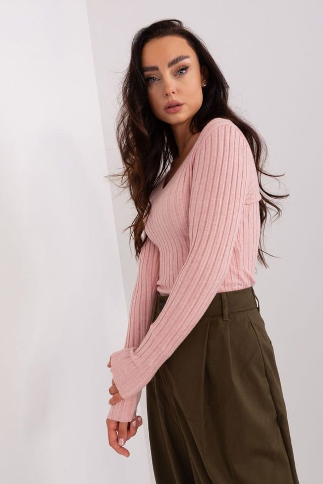Love Lace Love Lace Women's Ribbed V Neck Long Sleeve Viscose Sweater Style 189713 in Pink - 2