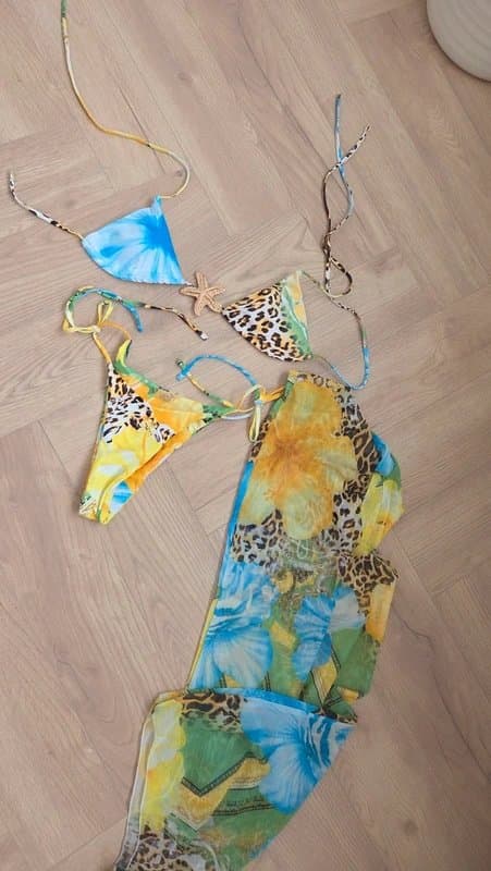 EGO Ego 3 piece CO ord set bikini mesh maxi skirt yellow turquoise ibiza beach cover jaded outcast Mars