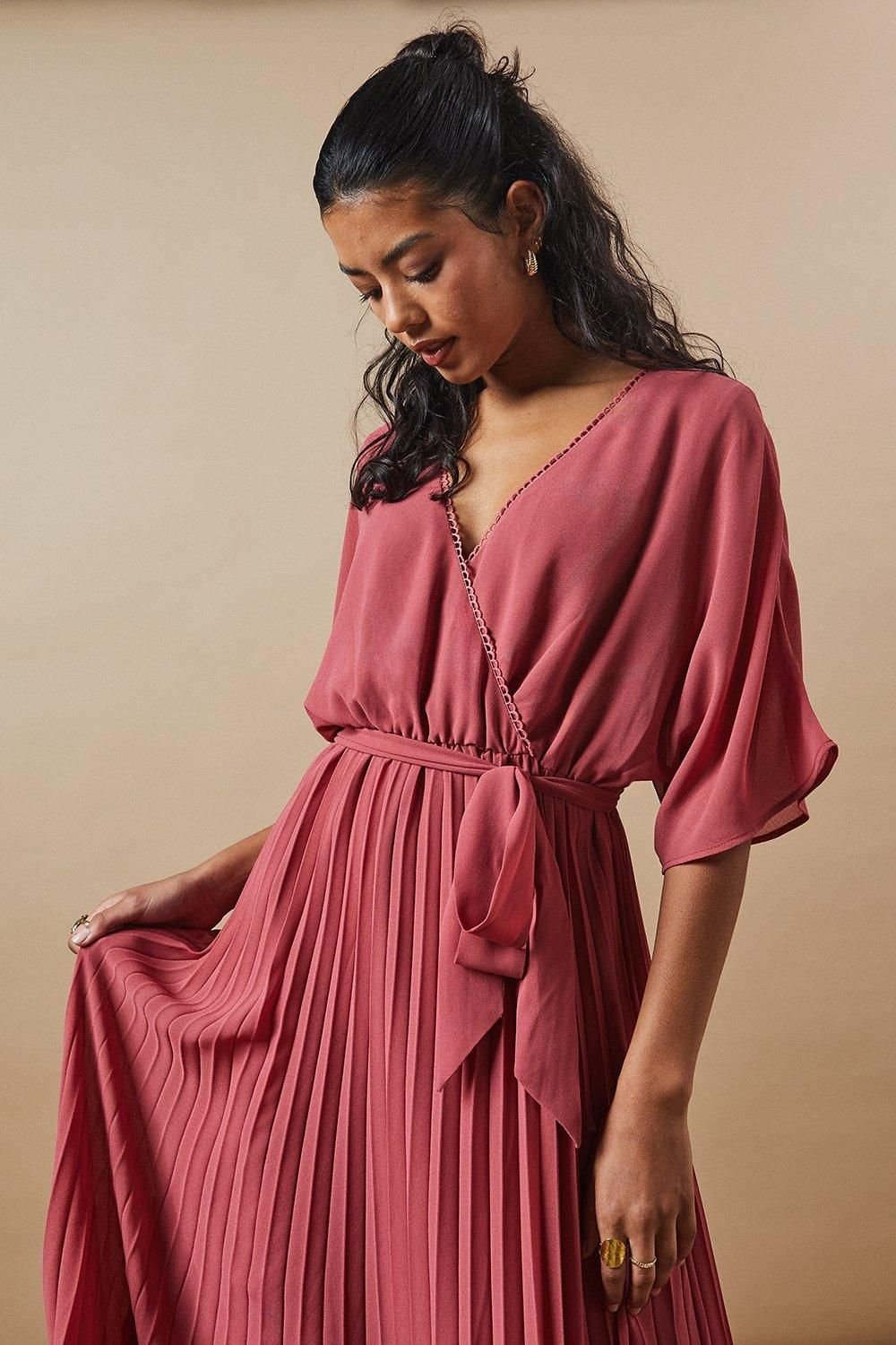 Oasis Oasis Women's Petite Occasion Kimono Sleeve Pleated Midi Dress in Rose - 4