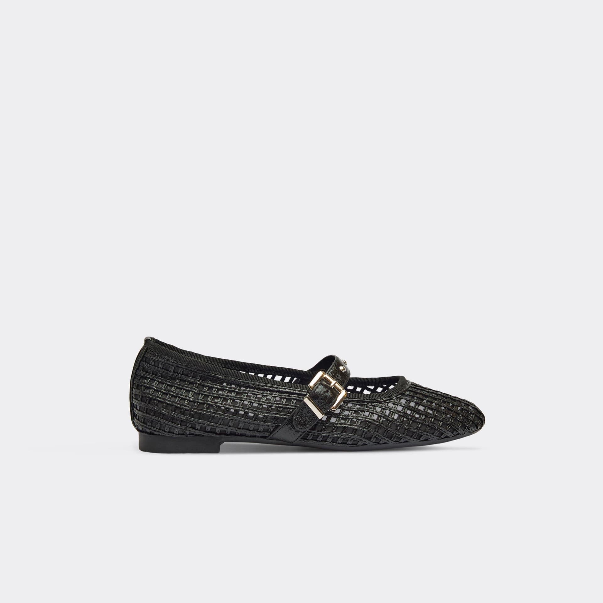 EGO Chara Buckle Stud Strap Flat Ballet Pump In Black Woven, Women's Size UK 3
