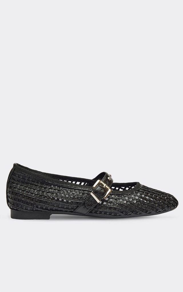EGO Chara Buckle Stud Strap Flat Ballet Pump In Black Woven, Women's Size UK 3 - 2
