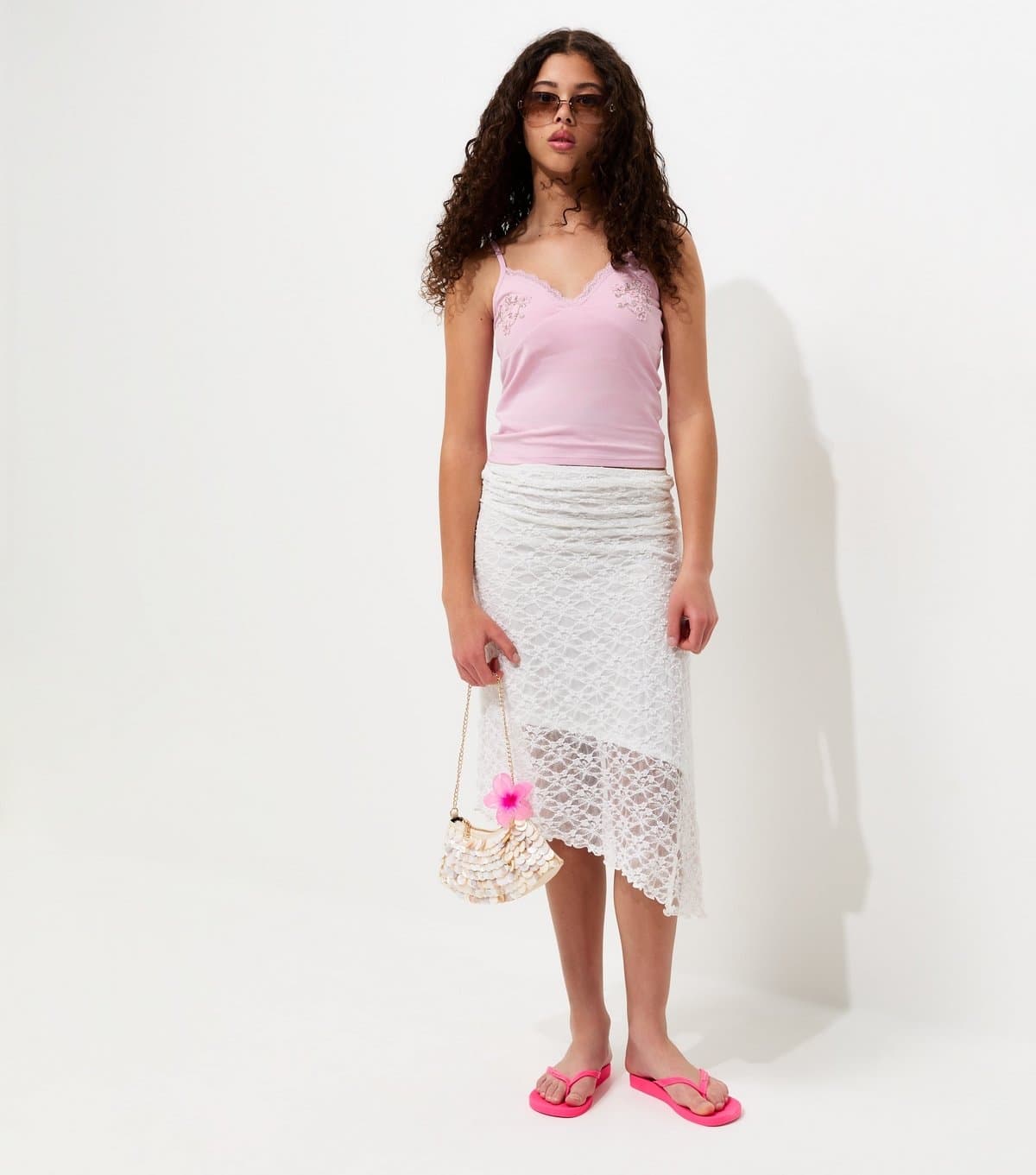 New Look New Look White Lace Asymmetric Midi Skirt