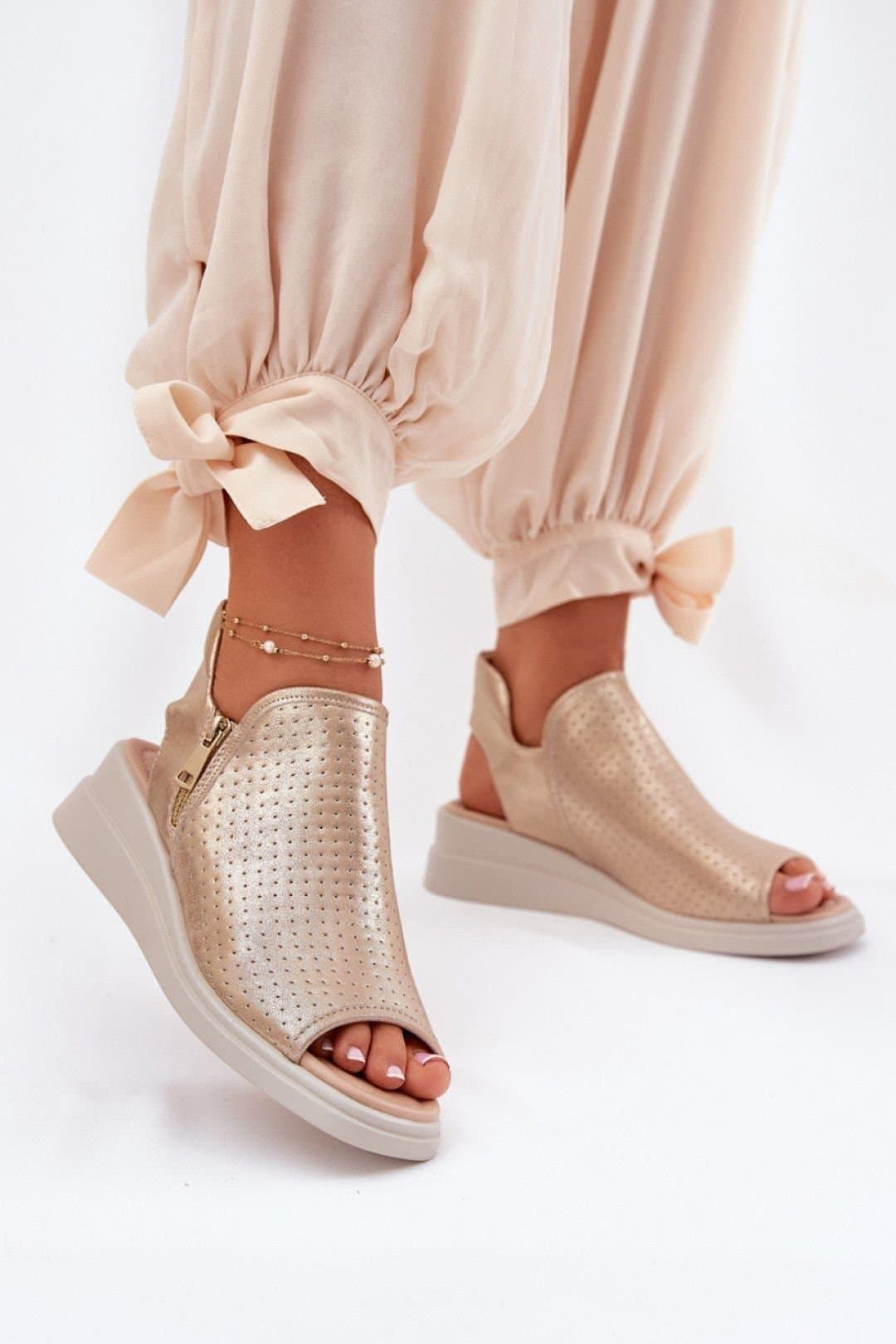 Love Lace Love Lace Women's Jezzi Wedge Heel Sandals with Side Zipper for Easy Wear in Gold
