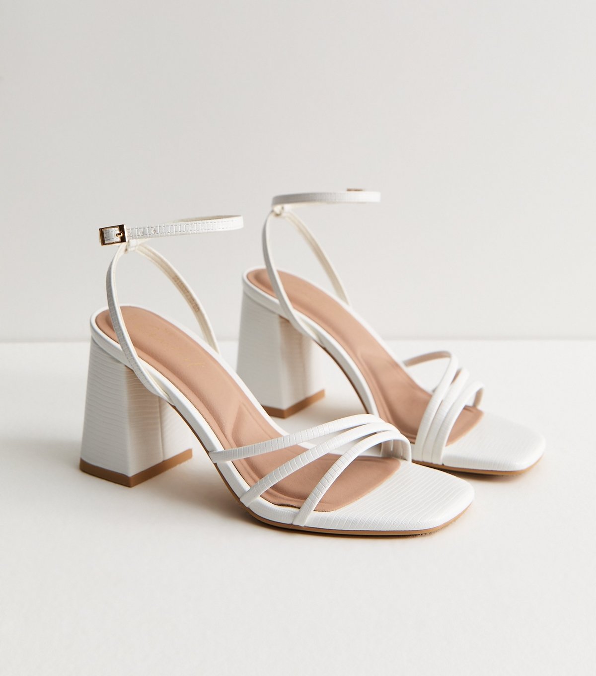 New Look Women's White Faux Leather Asymmetric Strap Block Heel Sandals Vegan New Look - 4