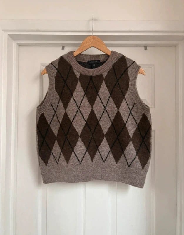 New Look Brown Argyle Knit Sweater Vest Tank Top Size M 12-14