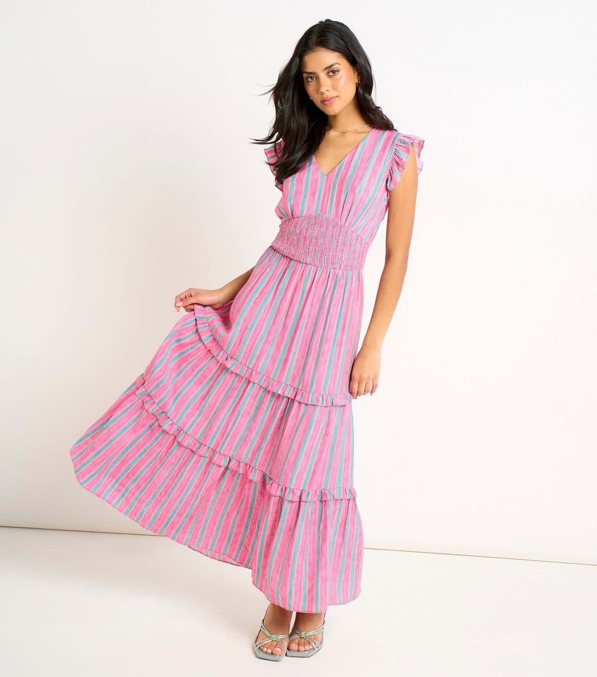 Gini London Women's Pink Summer Stripe Waisted Maxi Dress Gini London New Look