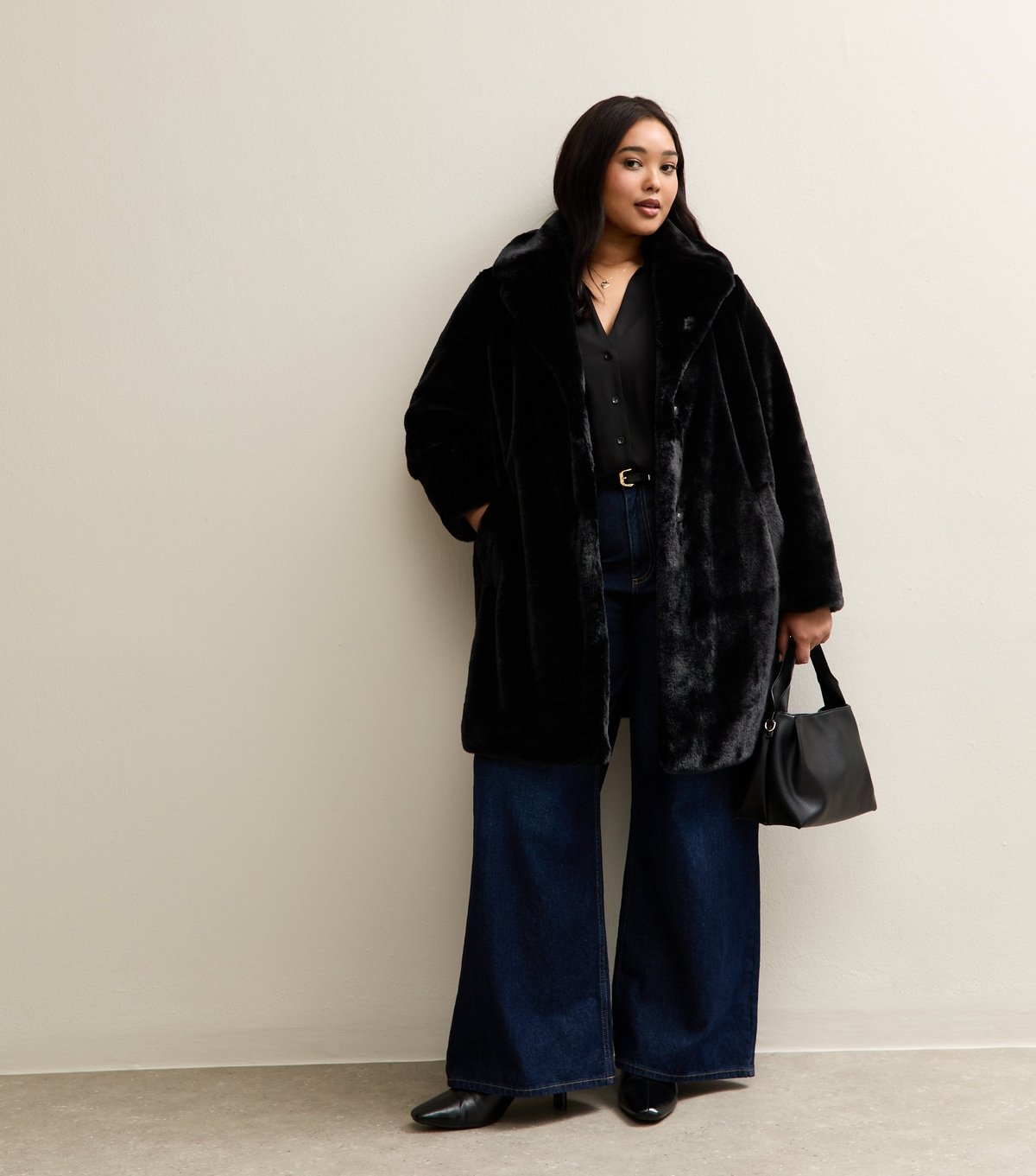 New Look Women's Plus Size Black Faux Fur Midi Coat Curves New Look - 3