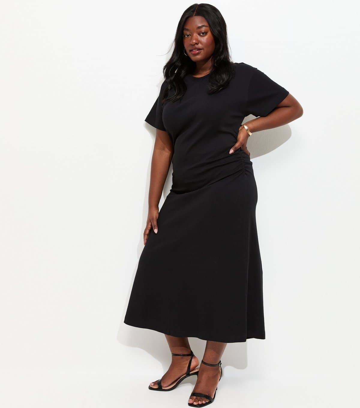 New Look Women's Plus Size Black Shirred Side Jersey Midi Dress Curves New Look