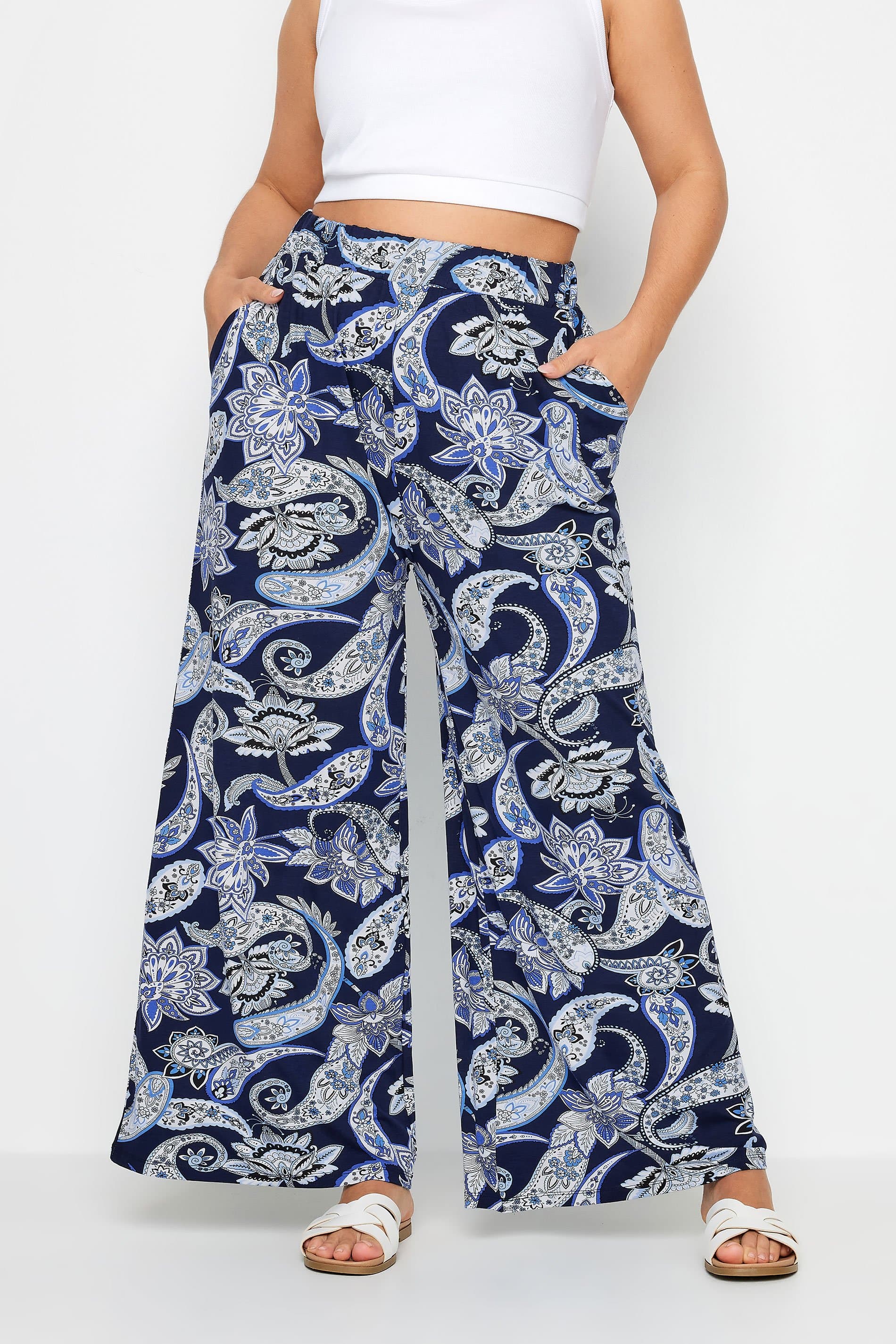 Yours Plus Size Blue Paisley Print Wide Leg Trouser