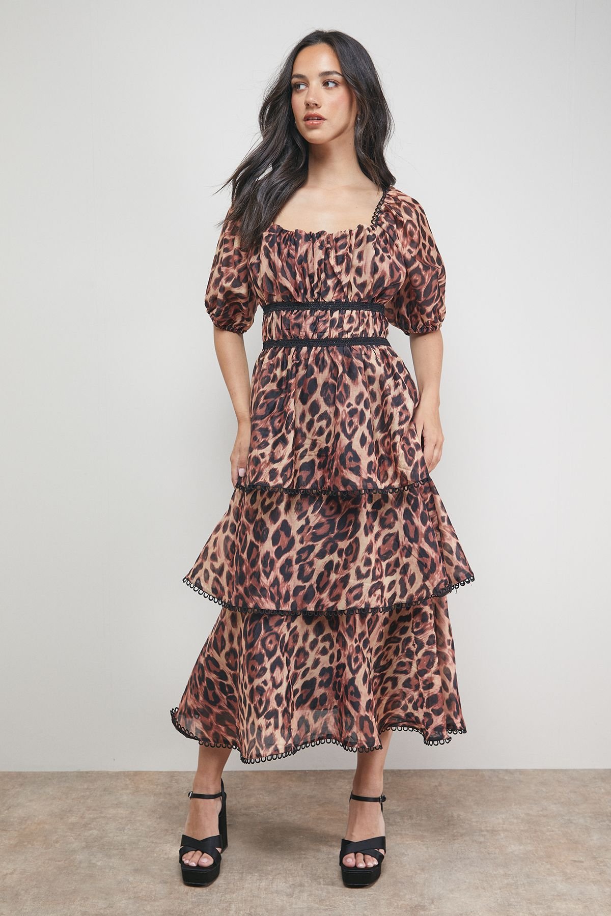 Oasis Oasis Women's Puff Sleeve Tiered Midaxi Dress in Animal - 2