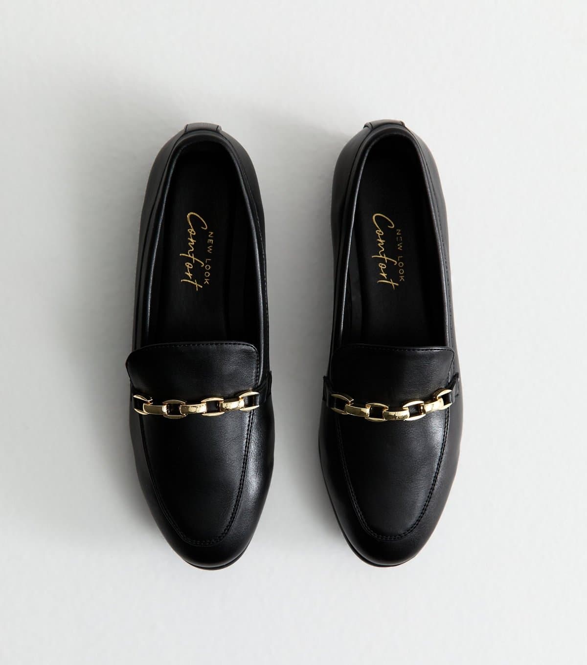 New Look Women's Wide Fit Black Faux Leather Chain Trim Loafers Vegan New Look
