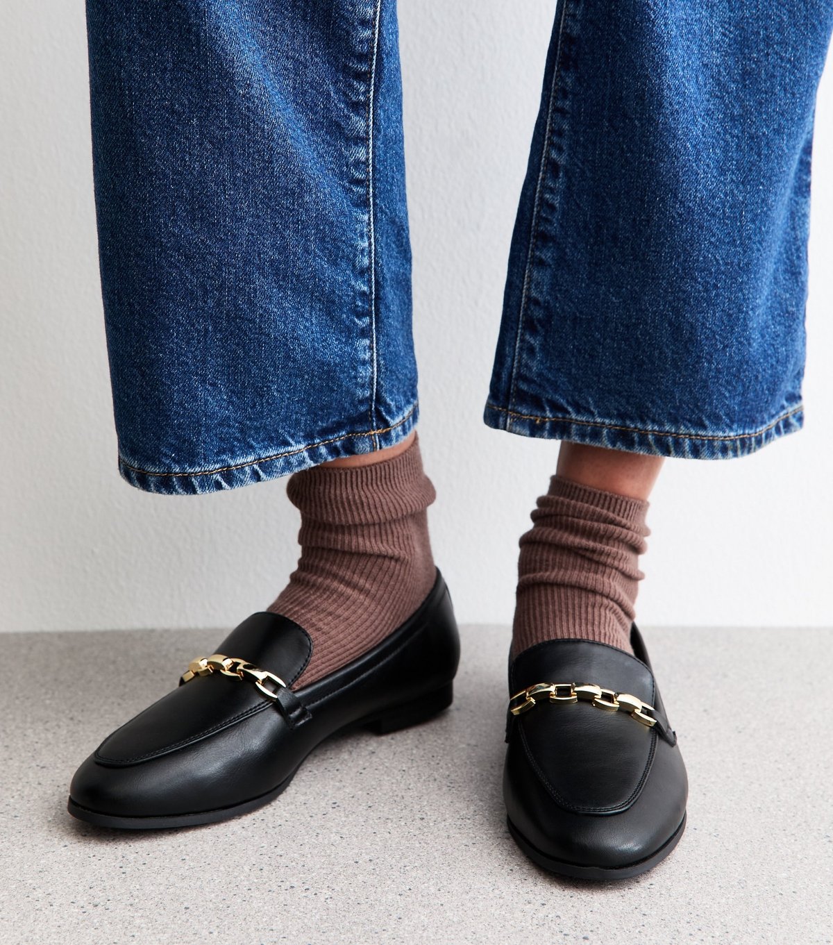 New Look Women's Wide Fit Black Faux Leather Chain Trim Loafers Vegan New Look - 2