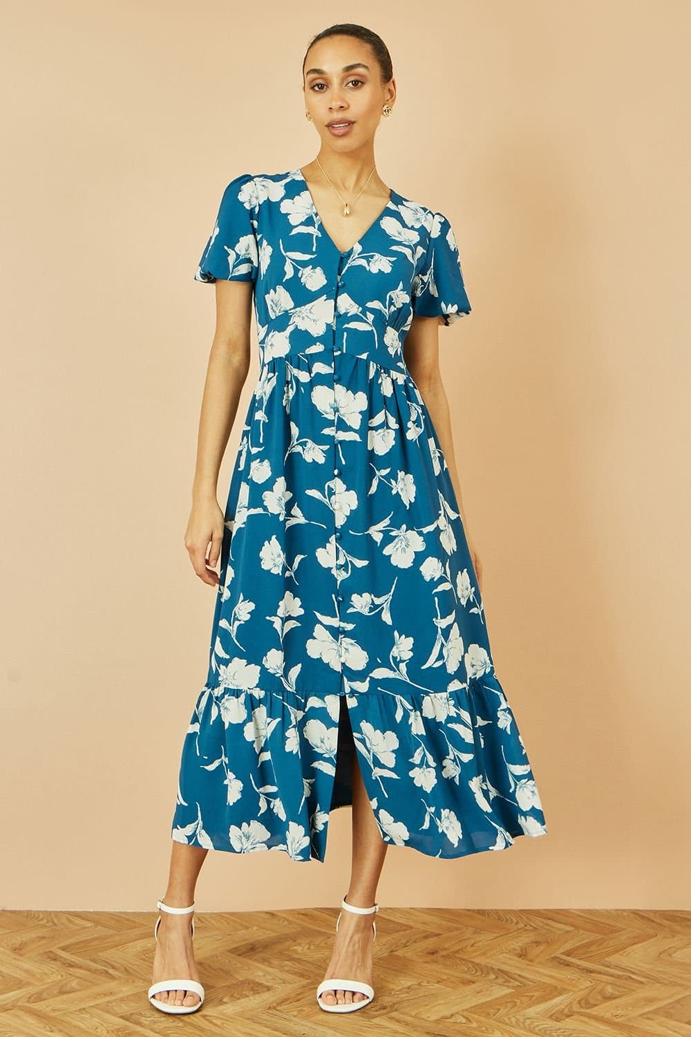 Yumi Yumi Women's Teal Floral Button Down Floral Midi Dress