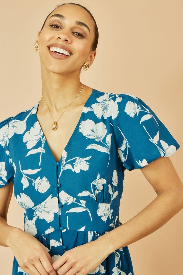 Yumi Yumi Women's Teal Floral Button Down Floral Midi Dress - 2