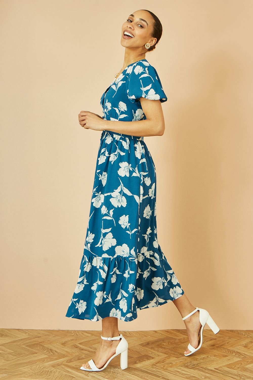 Yumi Yumi Women's Teal Floral Button Down Floral Midi Dress - 3