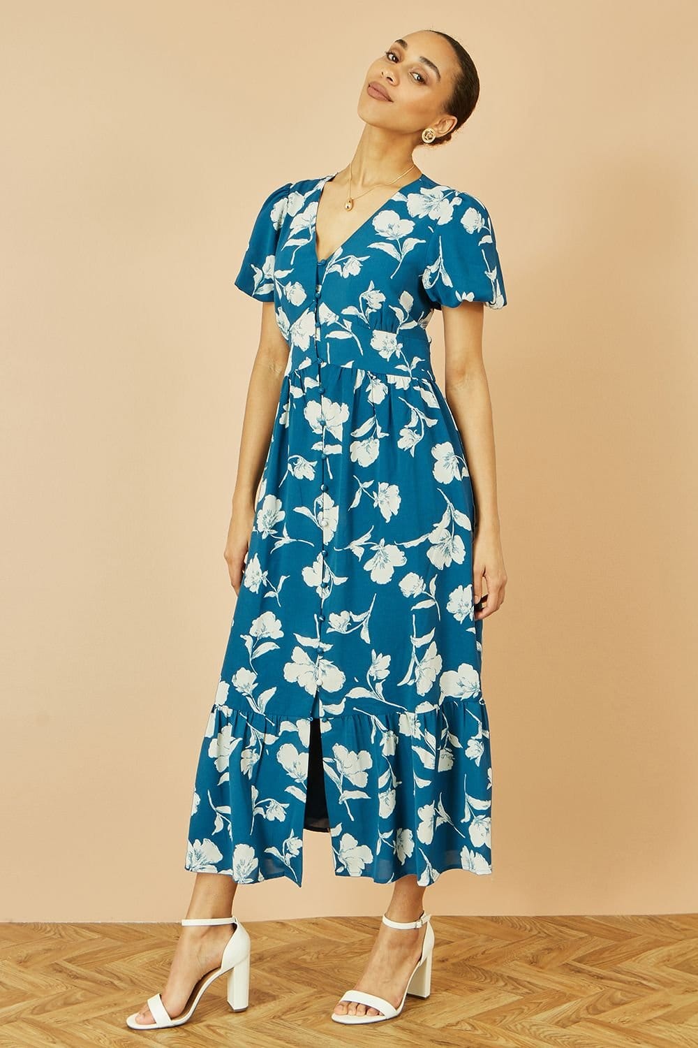 Yumi Yumi Women's Teal Floral Button Down Floral Midi Dress - 4