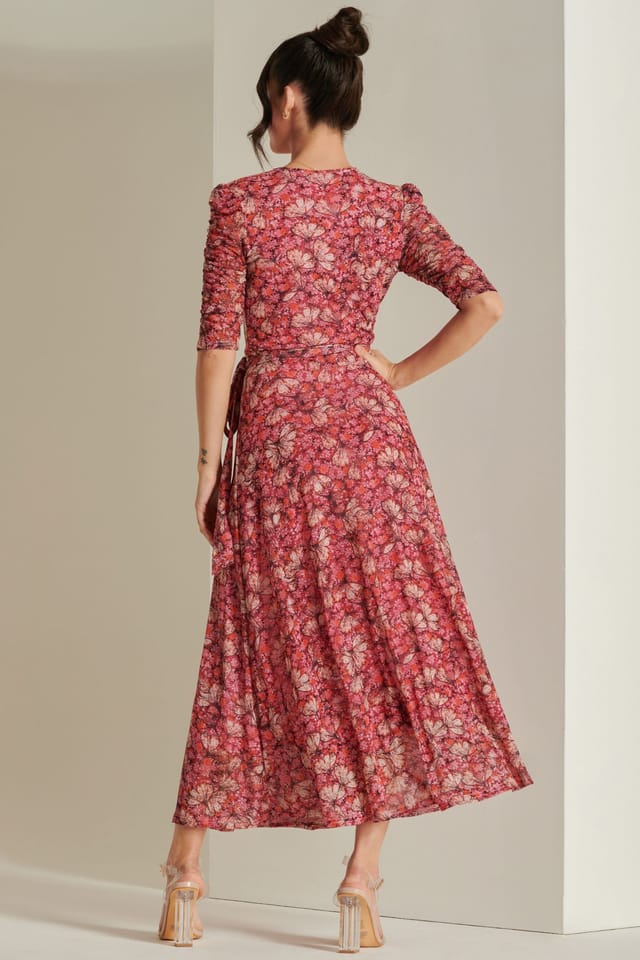 Jolie Moi Jolie Moi Women's Daliyah Wrap Front Mesh Maxi Dress in Pink - 2