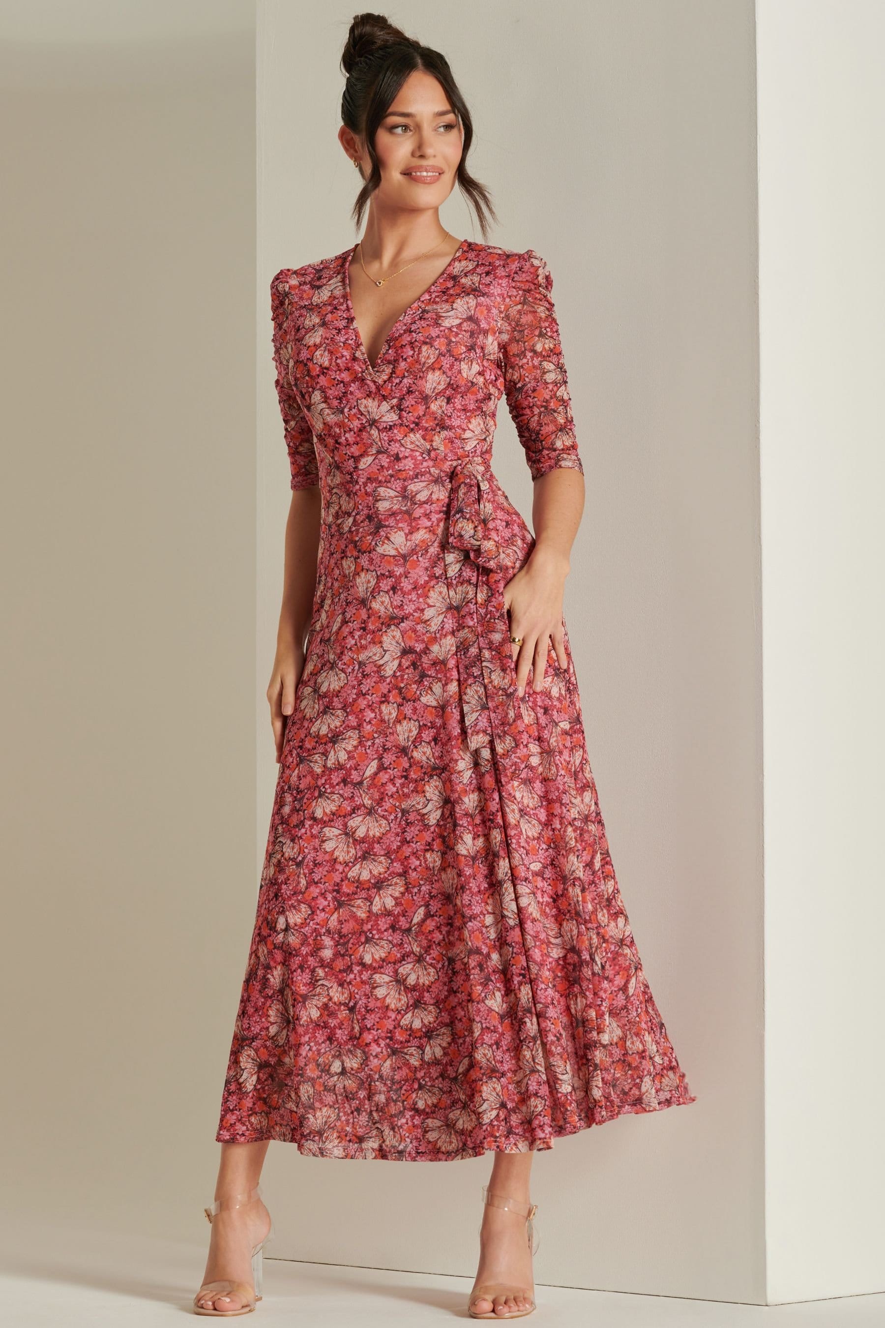 Jolie Moi Jolie Moi Women's Daliyah Wrap Front Mesh Maxi Dress in Pink - 4