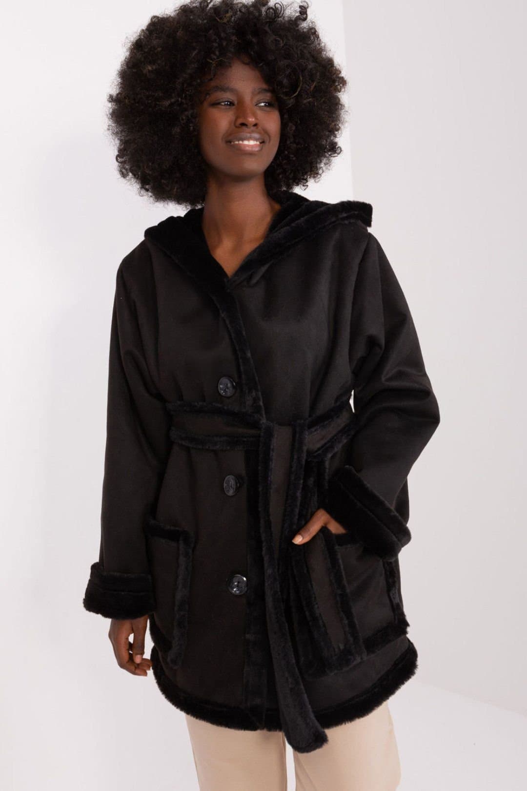 Love Lace Love Lace Black Cotton Hooded Belted Winter Coat