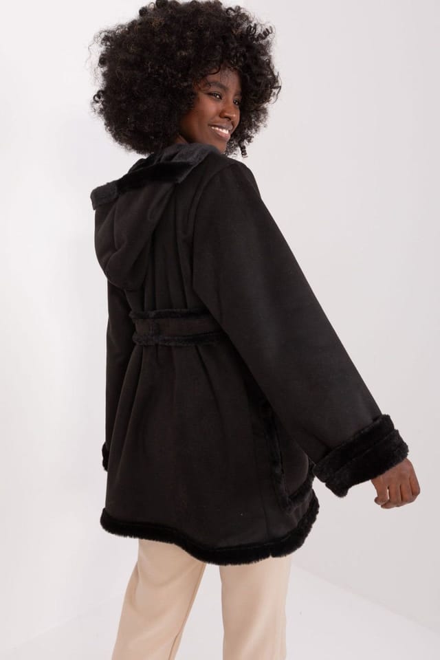 Love Lace Love Lace Women's Cotton Hooded Belted Winter Coat in Black - 3