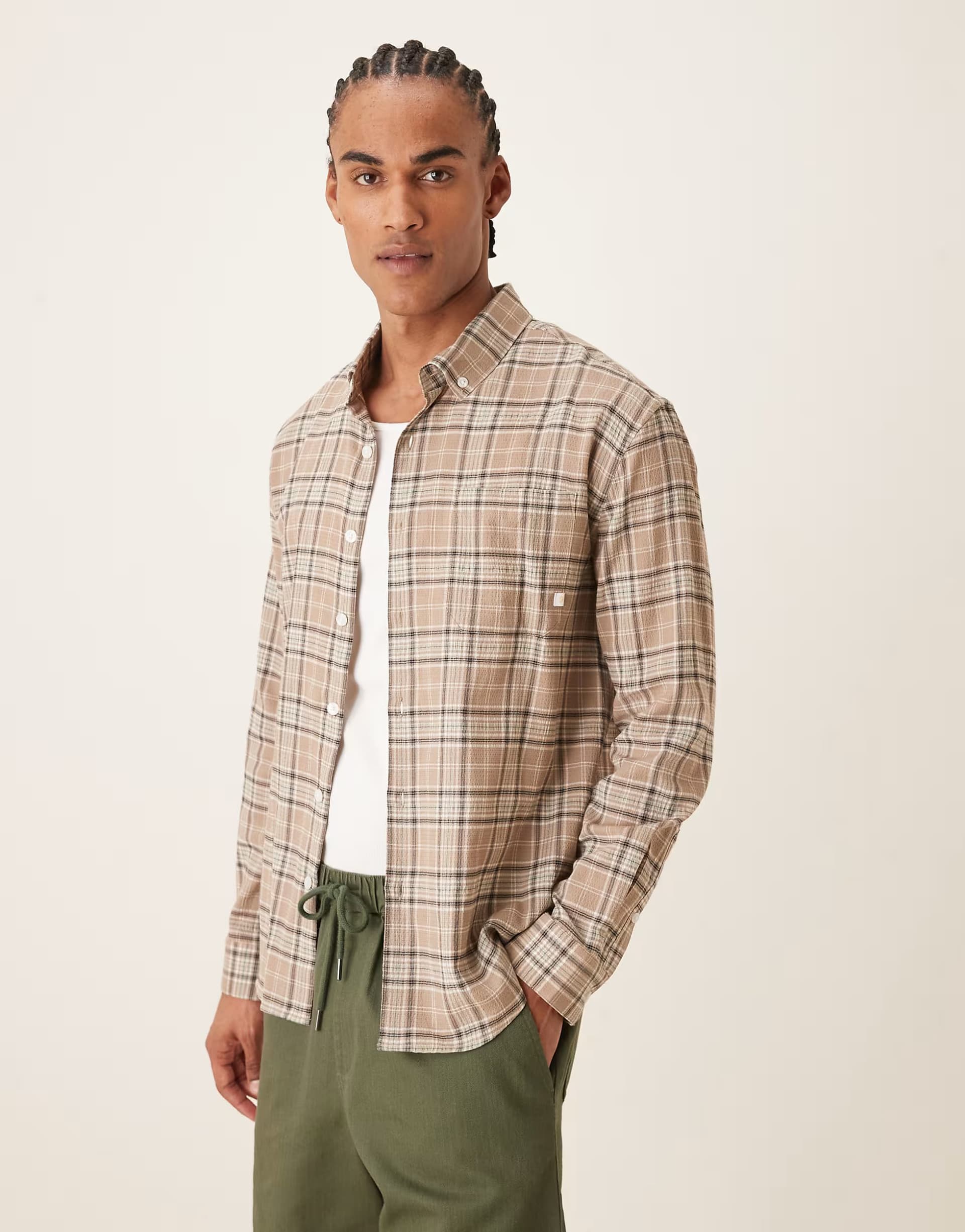 ASOS Farah Sands long sleeve logo shirt in taupe brown check