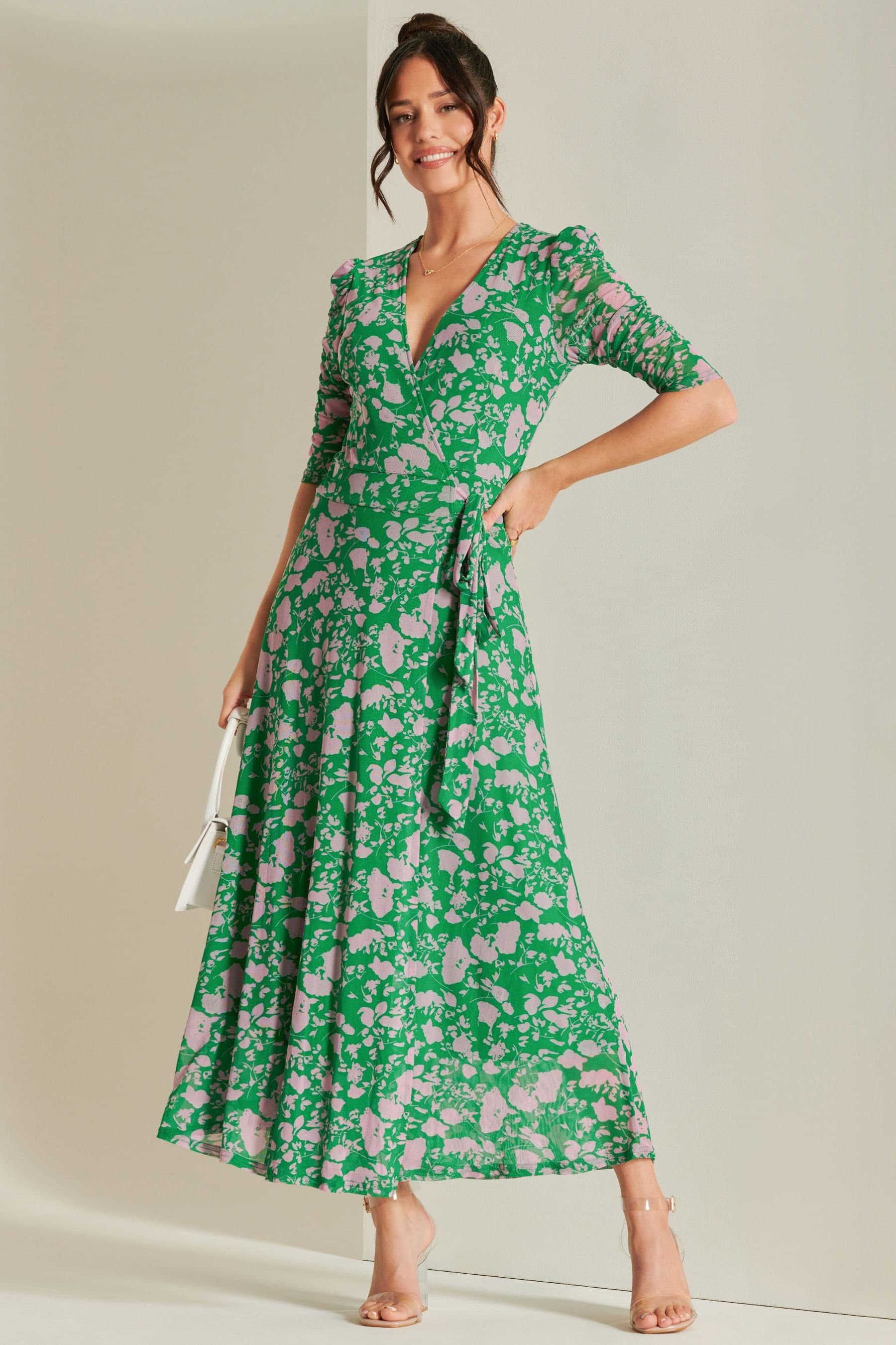 Jolie Moi Jolie Moi Women's Daliyah Wrap Front Mesh Maxi Dress in Green