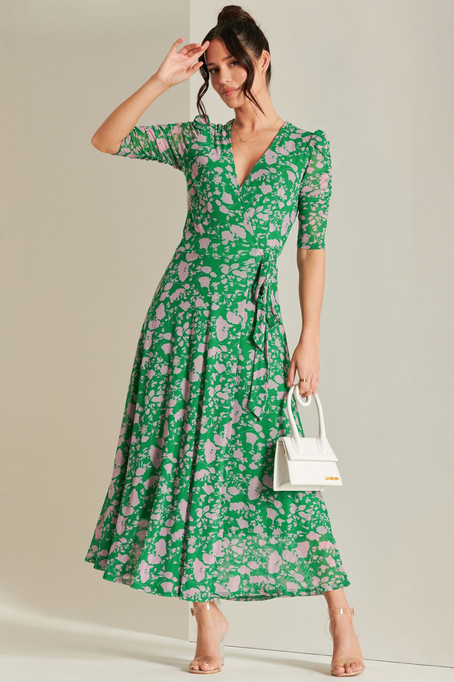 Jolie Moi Jolie Moi Women's Daliyah Wrap Front Mesh Maxi Dress in Green - 4