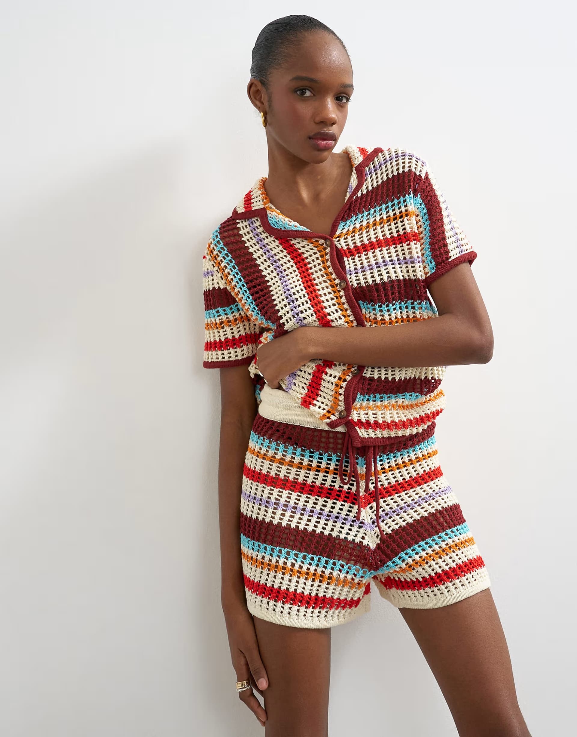 ASOS Topshop knitted crochet stripe co-ord short in burgundy