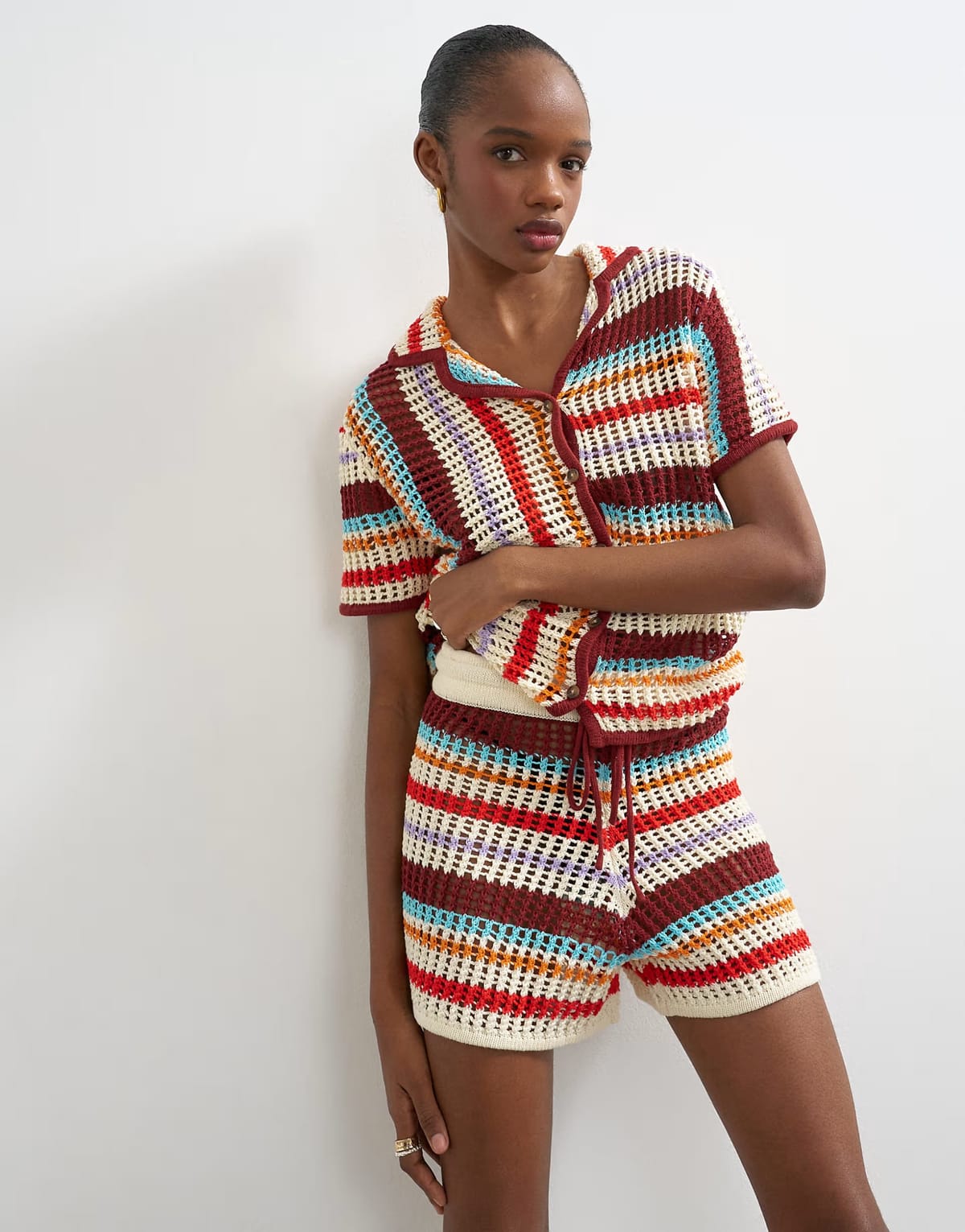 ASOS Topshop knitted crochet stripe co-ord short in burgundy - 1