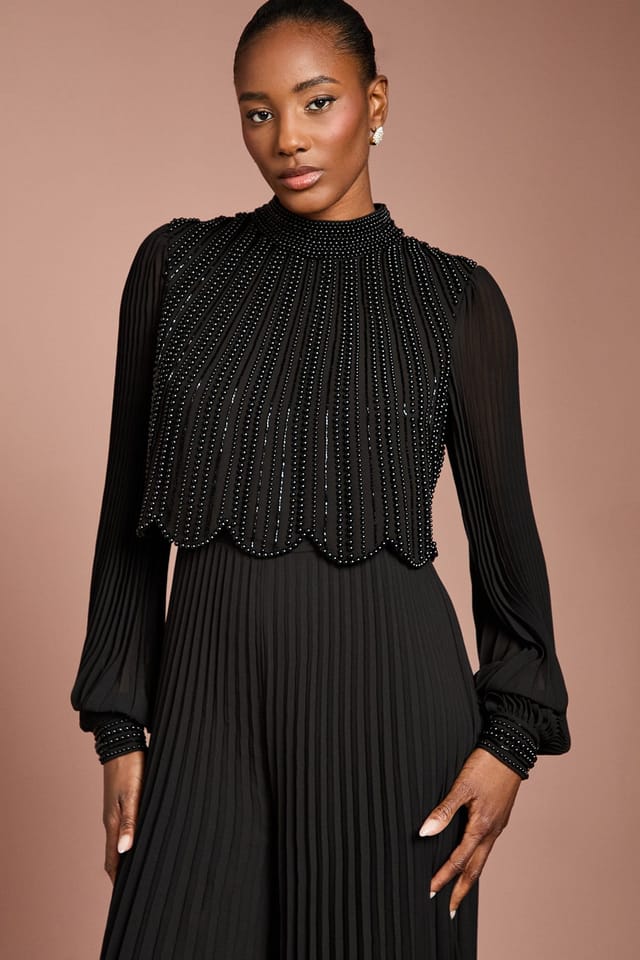 Coast Coast Women's Long Sleeve Pearl Embellished Pleated Jumpsuit in Black - 2