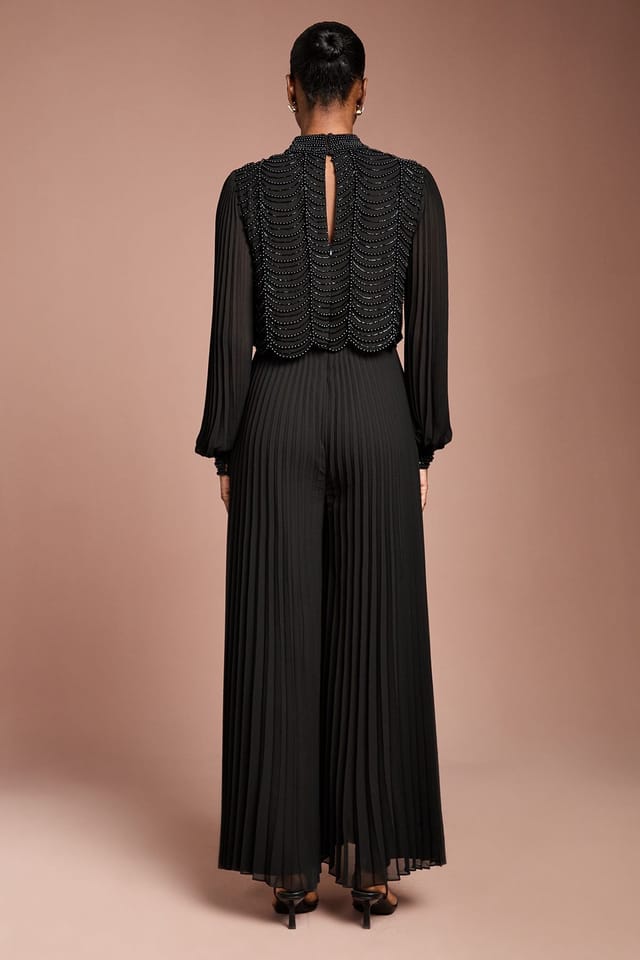 Coast Coast Women's Long Sleeve Pearl Embellished Pleated Jumpsuit in Black - 3