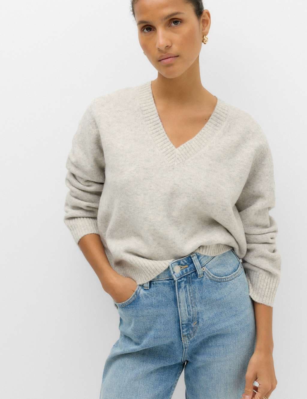 Marks & Spencer M&S V-Neck Relaxed Jumper With Wool Grey Marl