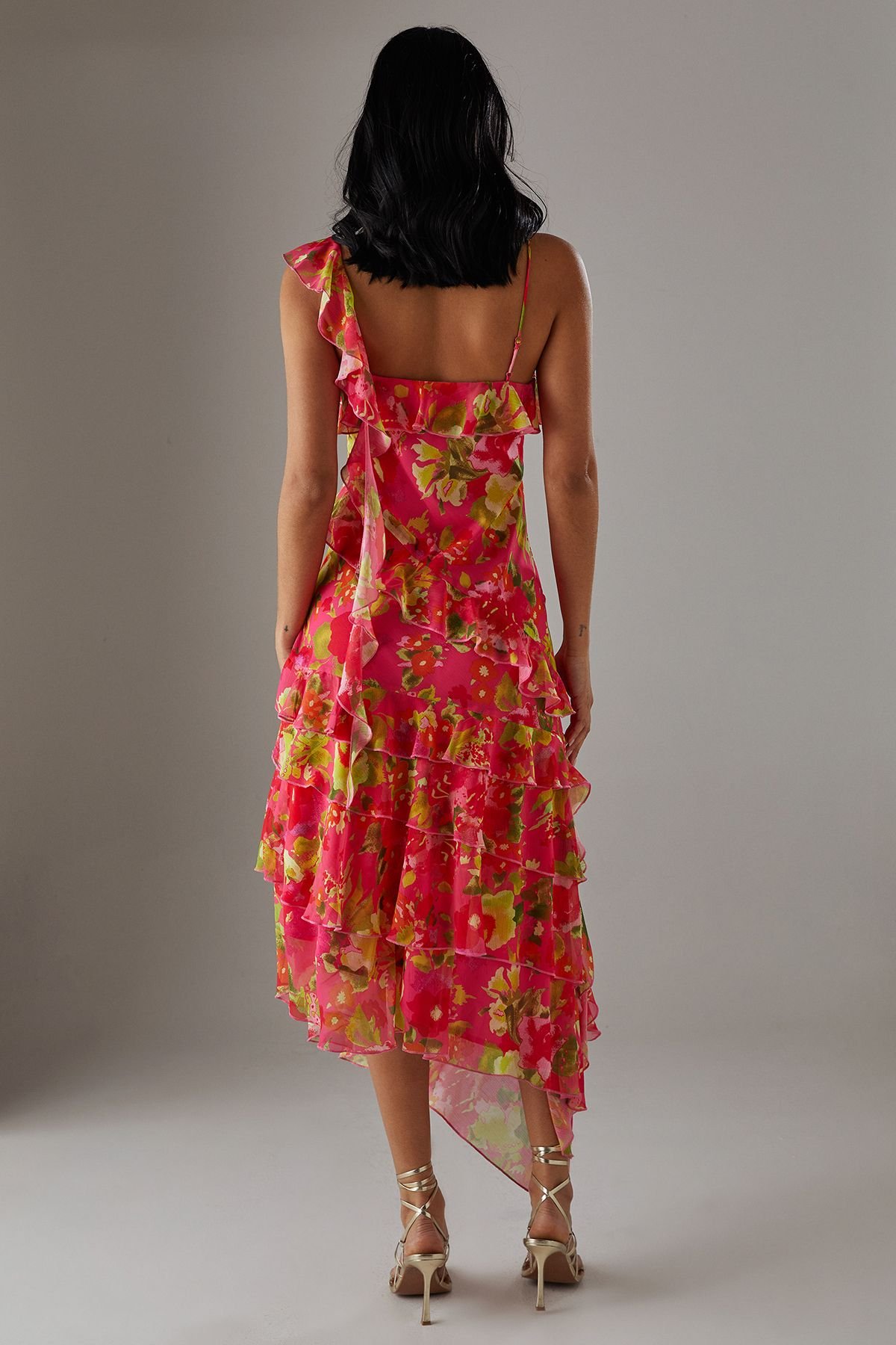 Warehouse Warehouse Women's Chiffon Asymmetric Hem Ruffle Midi Slip Dress in Floral - 3