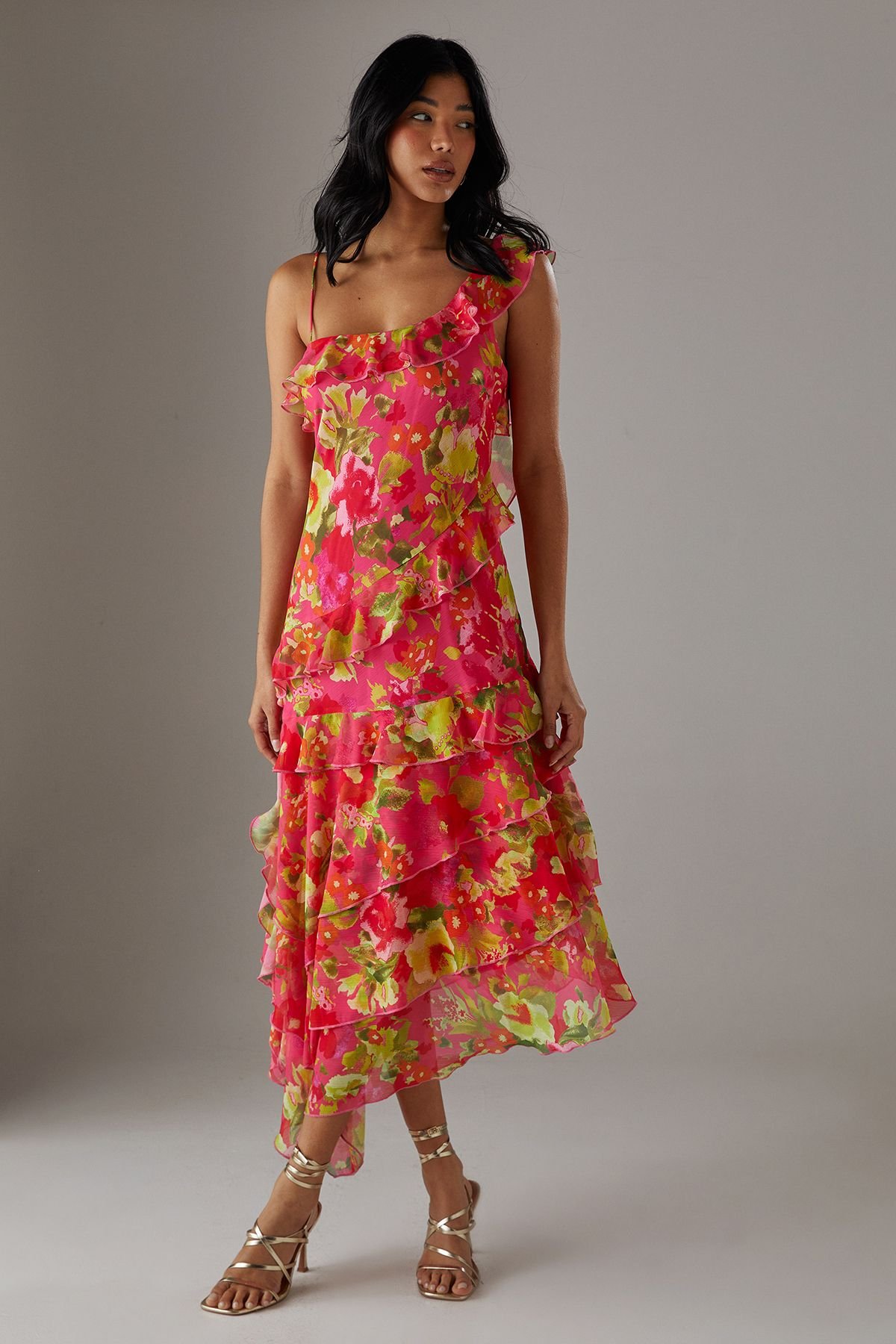 Warehouse Warehouse Women's Chiffon Asymmetric Hem Ruffle Midi Slip Dress in Floral - 4