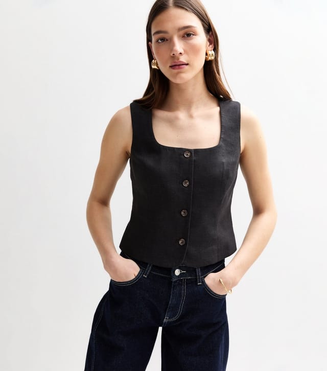 New Look Women's Black Linen Blend Square Neck Waistcoat New Look - 3