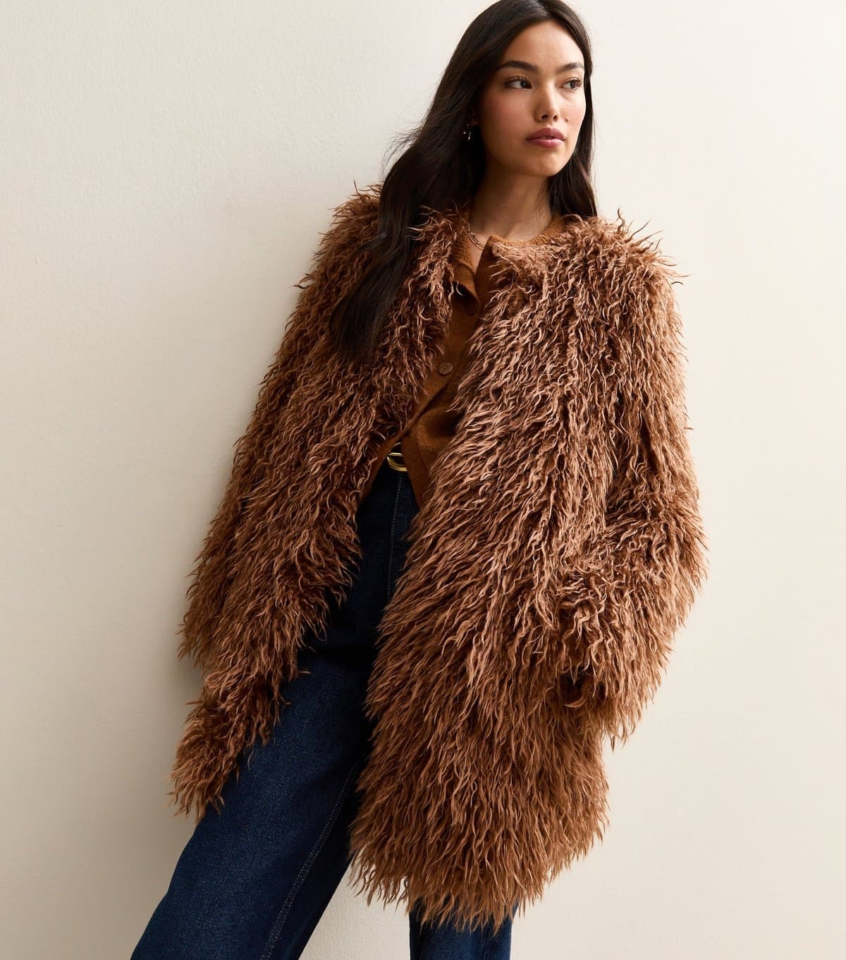 New Look Women's Tan Fur Midi Coat New Look