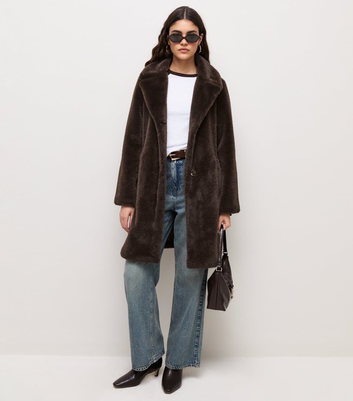New Look Women's Dark Brown Faux Fur Midi Coat New Look
