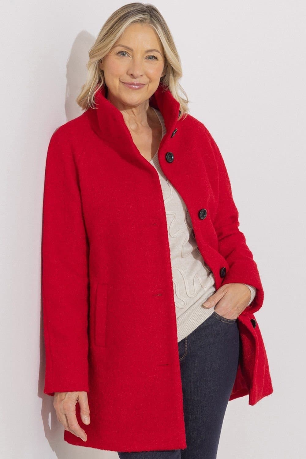 Anna Rose Anna Rose Women's Funnel Neck Boucle Coat in Red