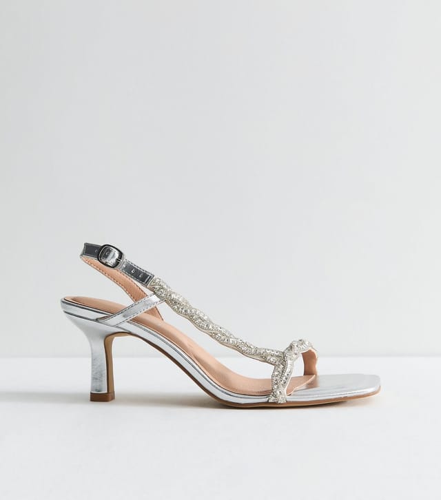 New Look Women's Silver Faux Leather Sparkly Twisted Strap Stiletto Sandals New Look - 3