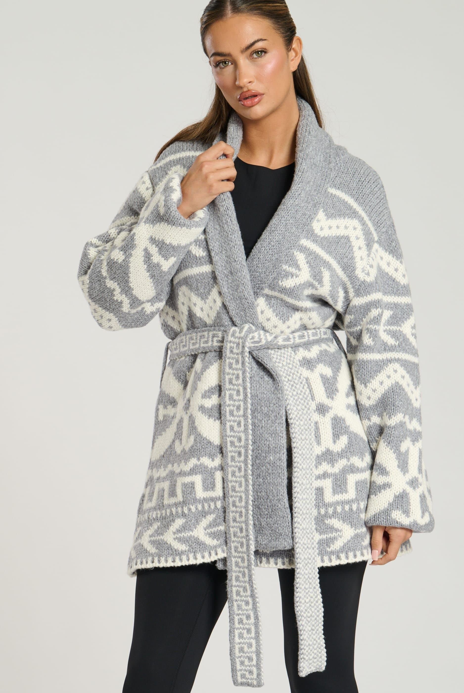 South Beach South Beach Women's Aztec Jaquard Waist Tie Knit Cardigan in Grey