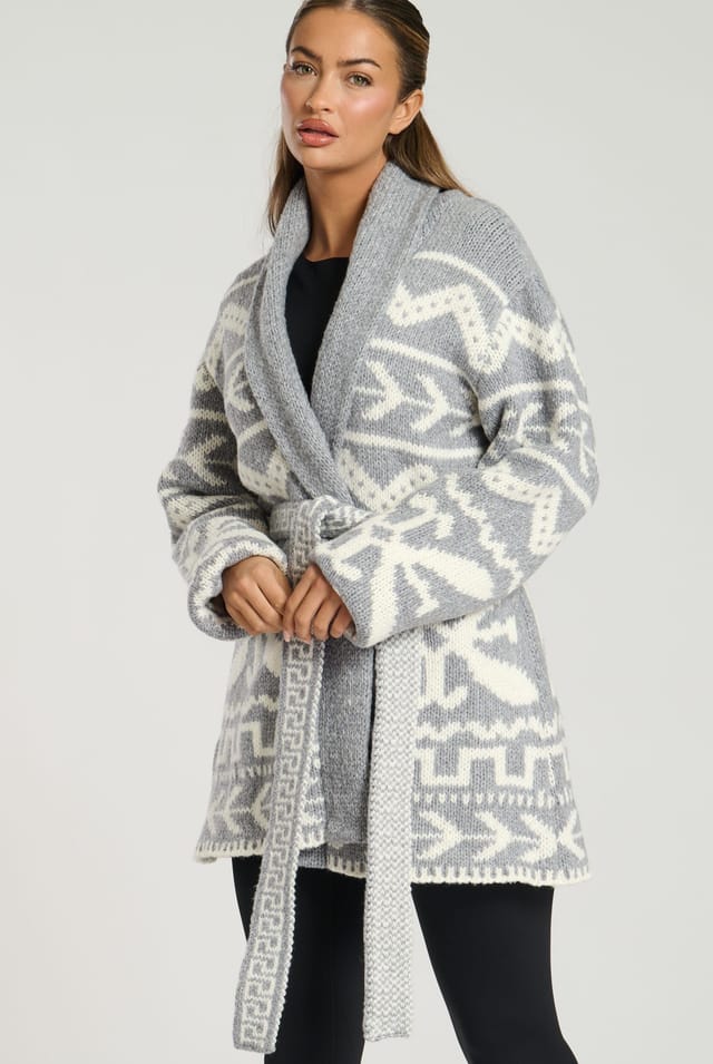 South Beach South Beach Women's Aztec Jaquard Waist Tie Knit Cardigan in Grey - 2