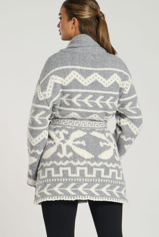 South Beach South Beach Women's Aztec Jaquard Waist Tie Knit Cardigan in Grey - 3