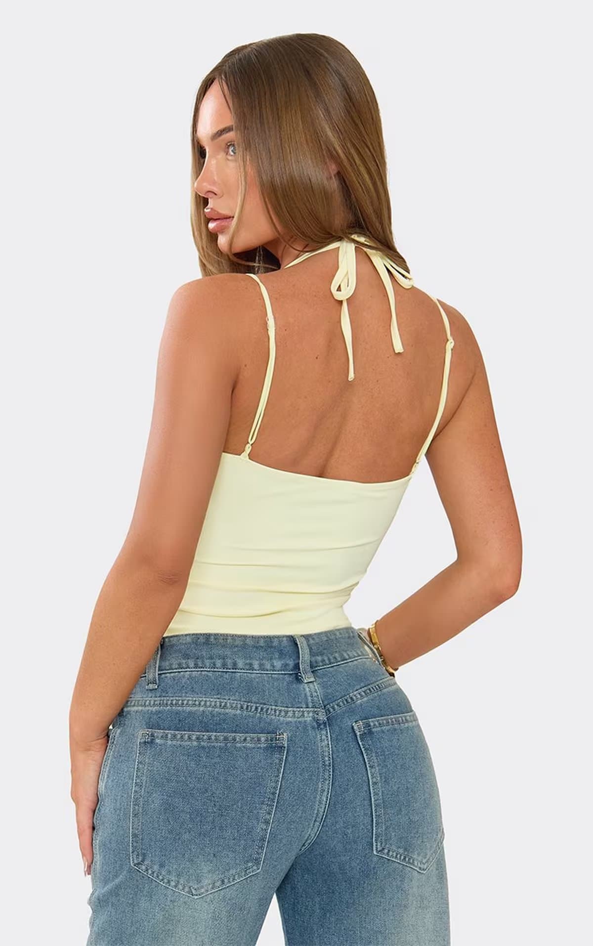 EGO Square Neck Strappy Lace Trim Bodysuit In Lemon, Women's Size UK L