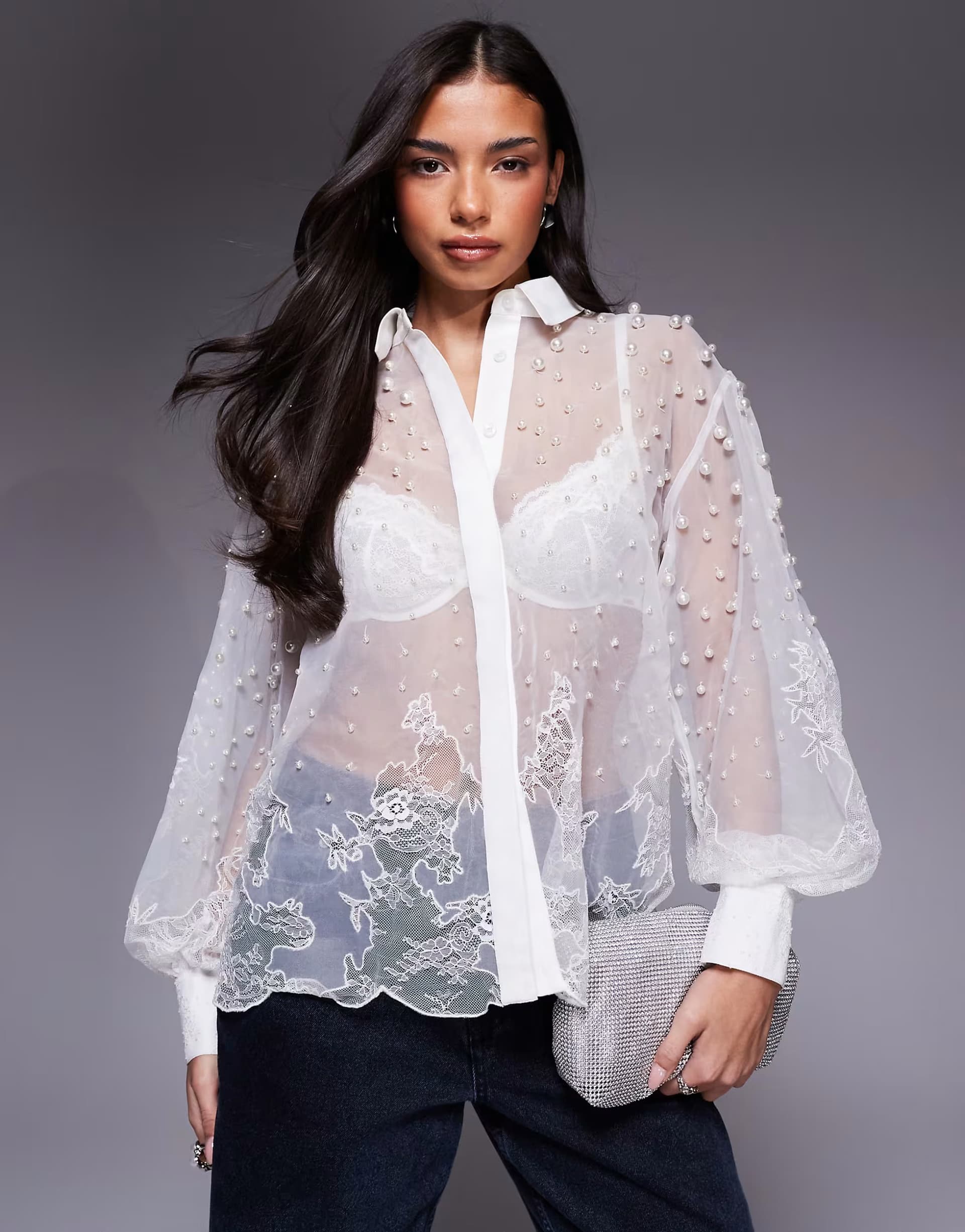 ASOS ASOS LUXE White Organza and Lace Pearl Embellished Shirt