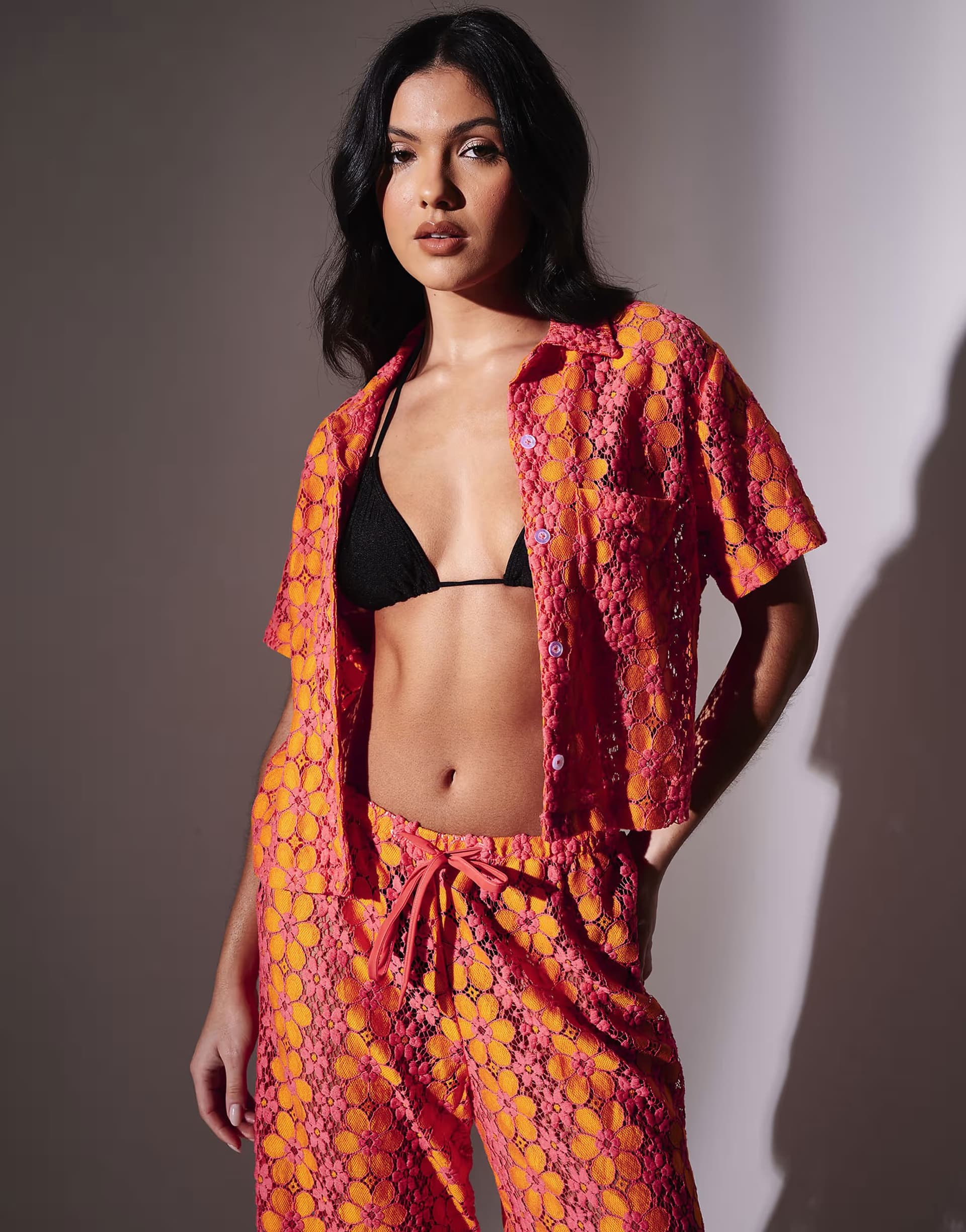 ASOS South Beach Floral crochet short sleeve shirt in multi