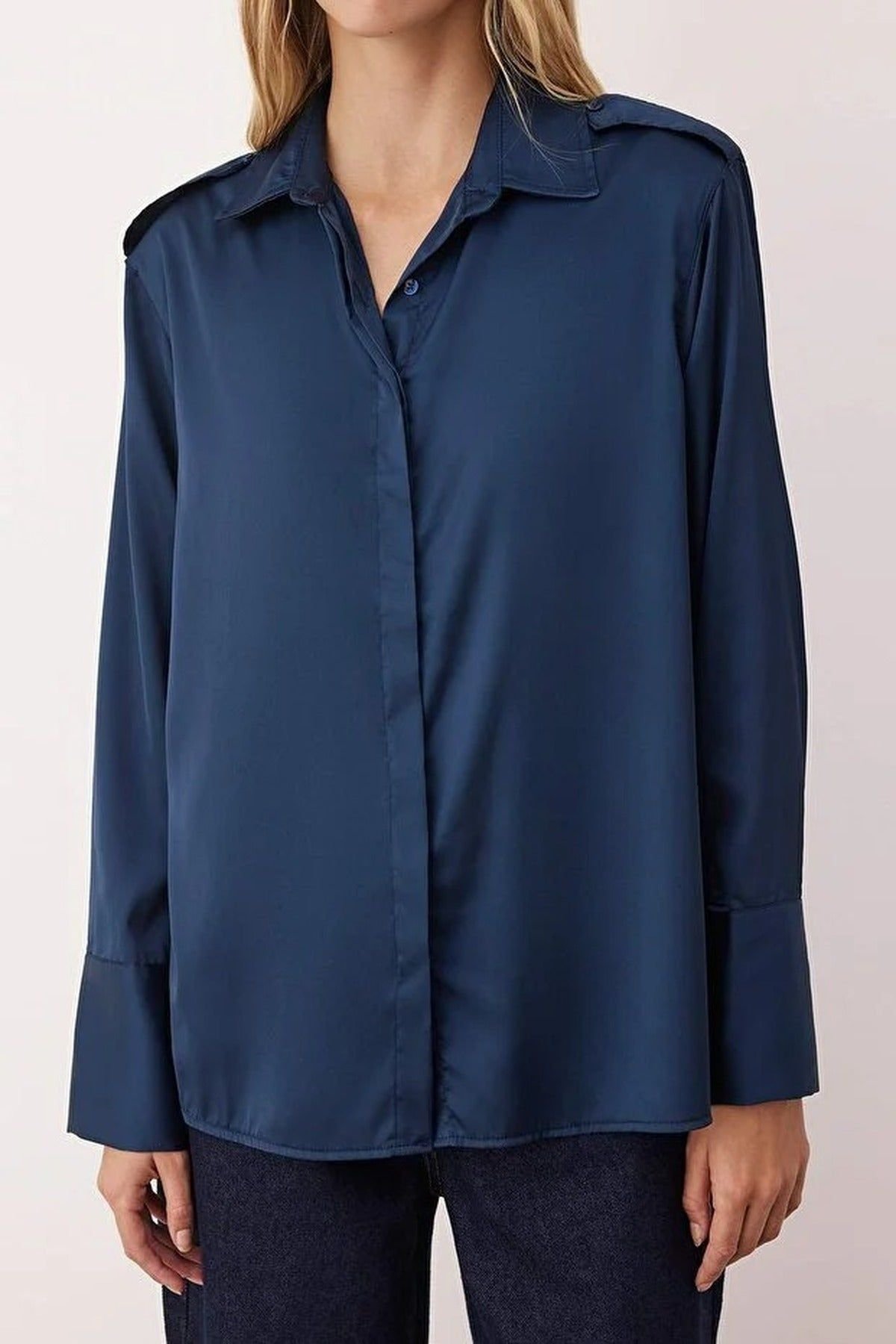 WOVCOR WOVCOR Women's Satin Epaulette Detail Button-Up Shirt in Navy - 2