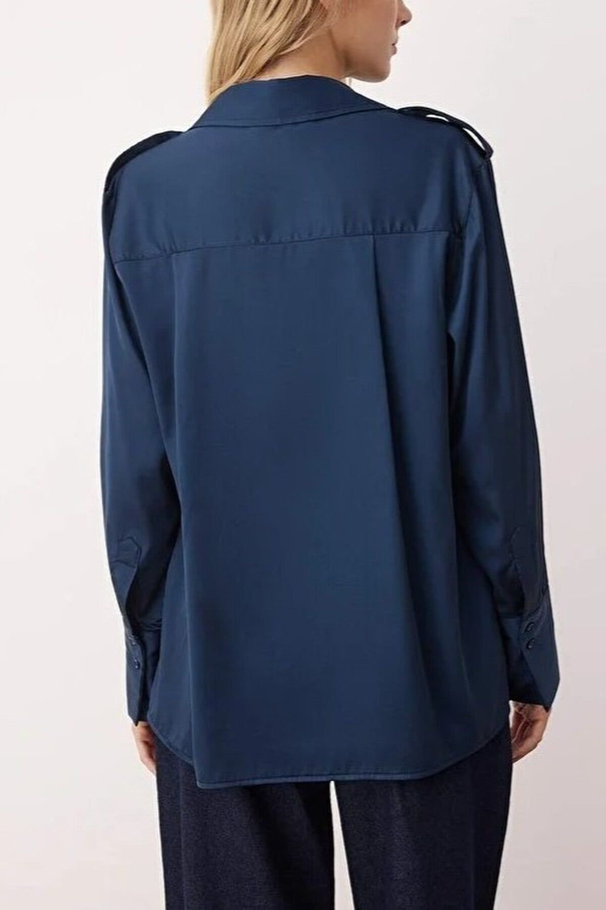 WOVCOR WOVCOR Women's Satin Epaulette Detail Button-Up Shirt in Navy - 3