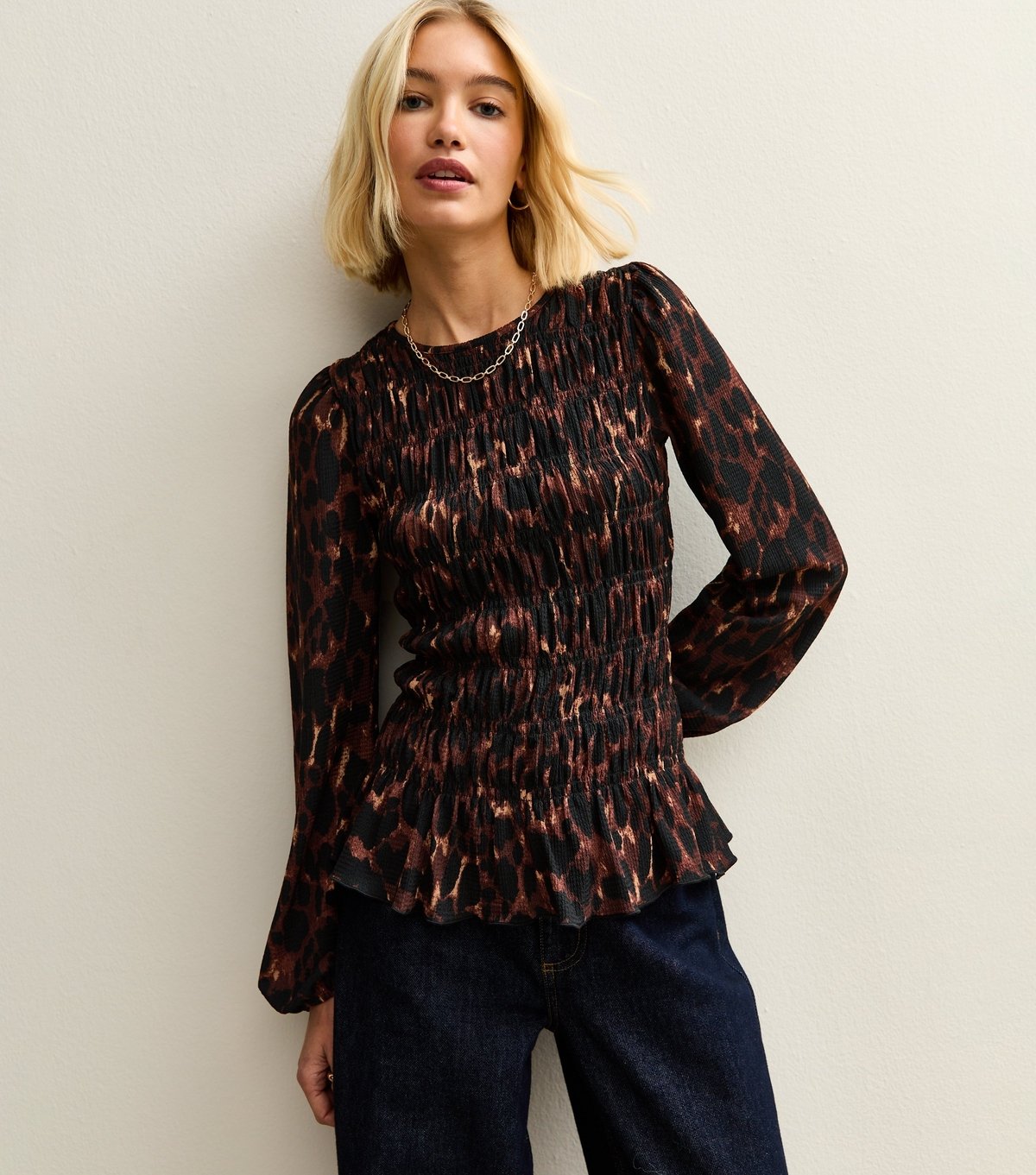 New Look Women's Brown Animal Print Textured Jersey Shirred Top New Look - 2