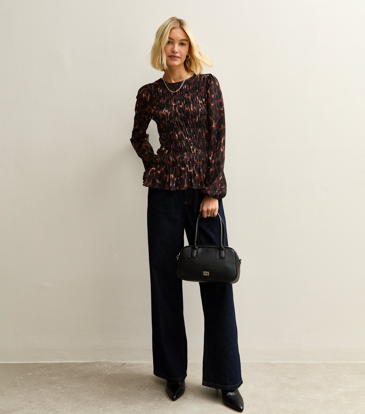 New Look Women's Brown Animal Print Textured Jersey Shirred Top New Look - 4